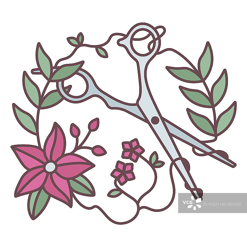 彩色笔触剪刀与鲜花图片素材