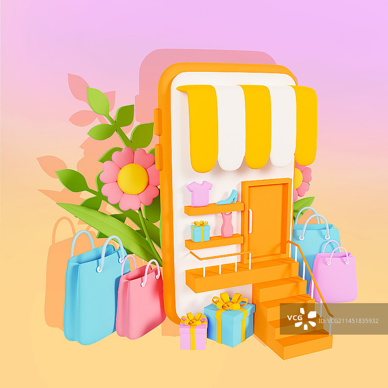 3D立体手机房子商店小程序店铺插画图片素材