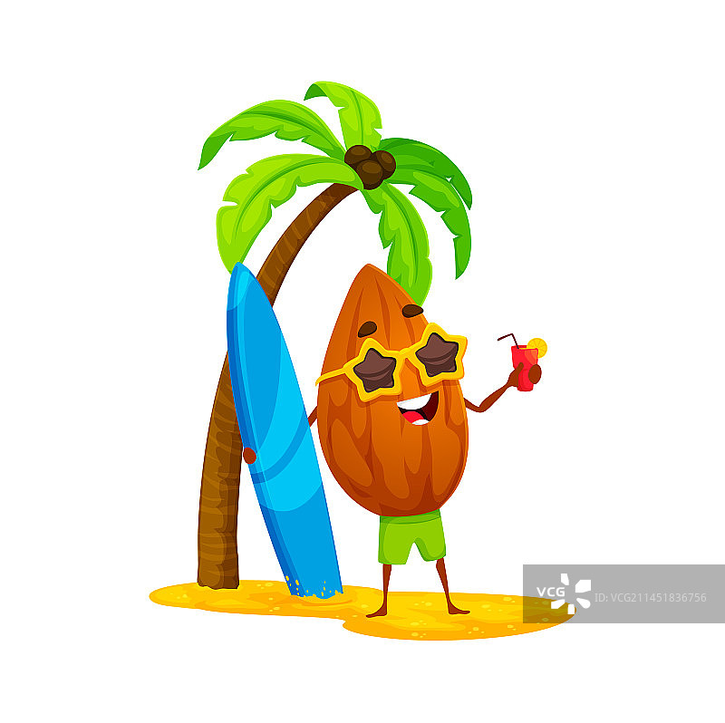 卡通杏仁角色在海滩上冲浪图片素材