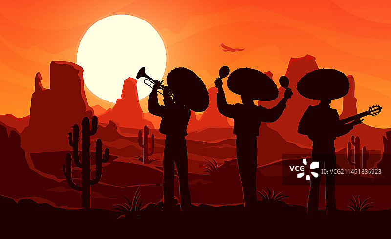 沙漠中的墨西哥流浪乐队剪影图片素材