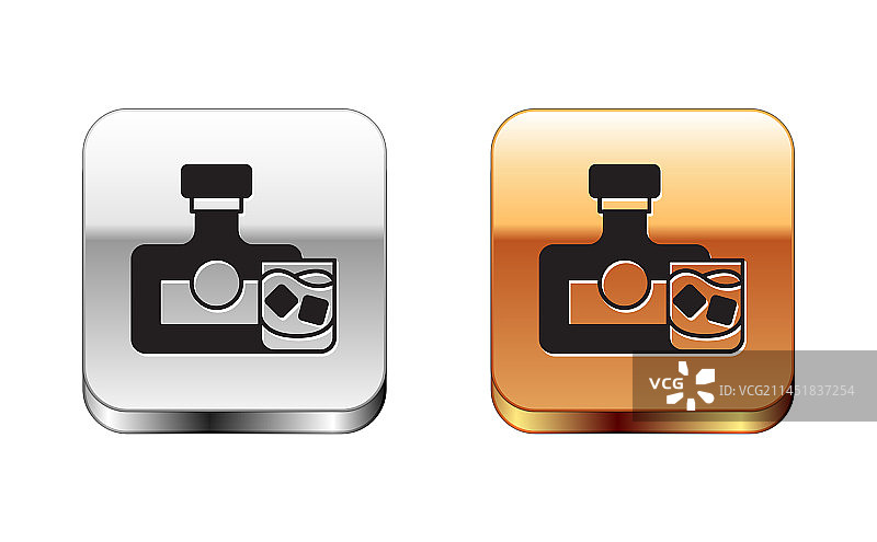 黑色威士忌酒瓶和玻璃杯图标图片素材