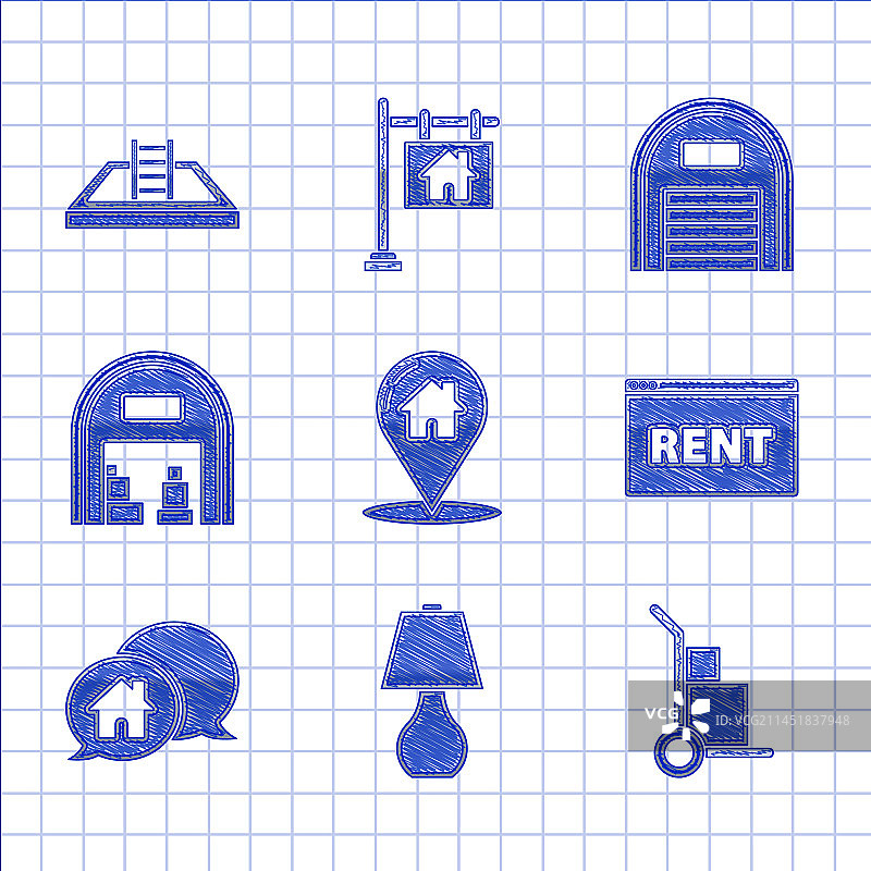 地图指针：房屋、台灯和手推车图片素材