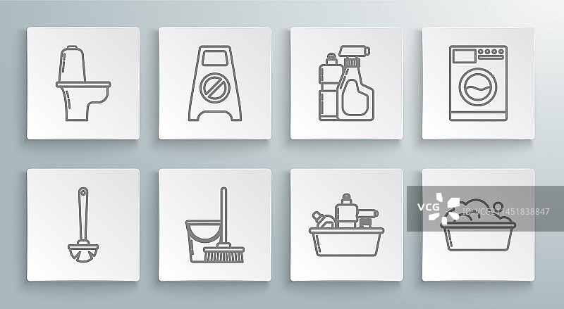 马桶刷、湿地板和清洁用品组合图案图片素材