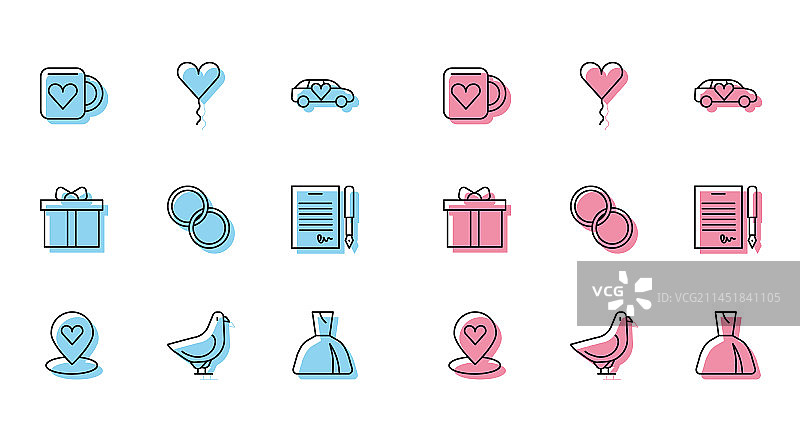 带心形、鸽子和咖啡杯的路线合集图片素材