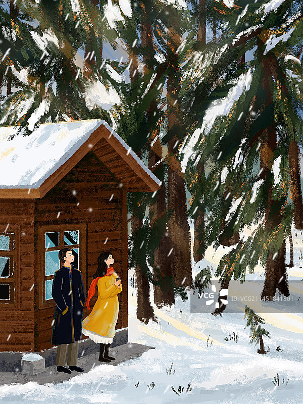 情侣冬天在森林小屋一起看雪景图片素材