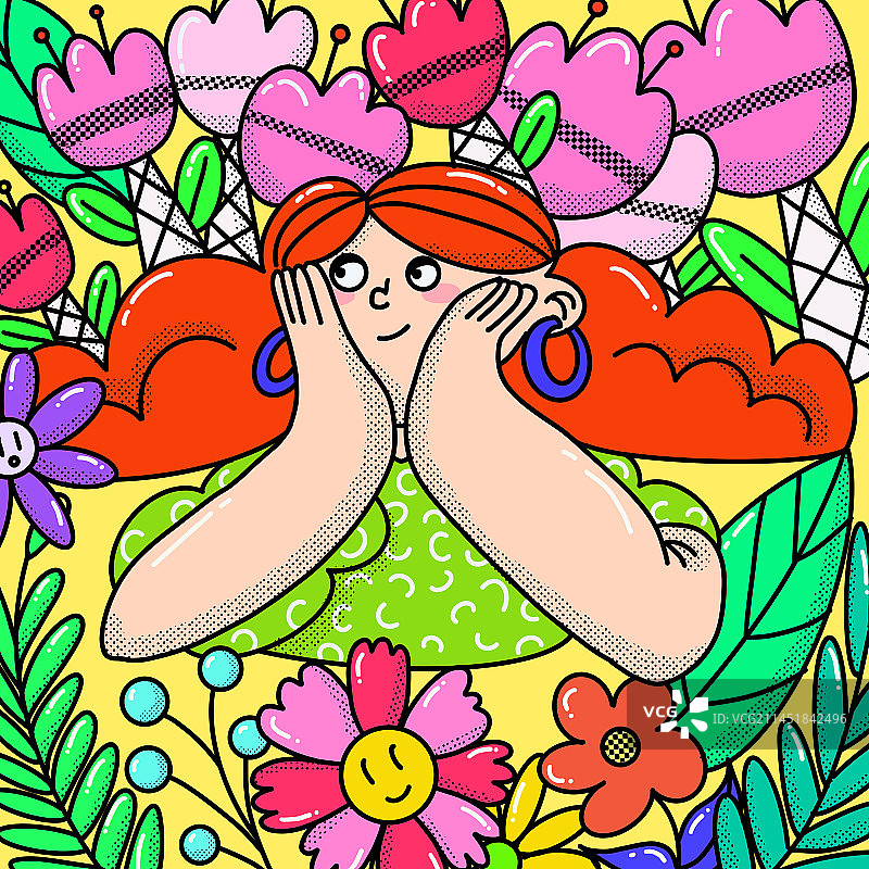 鲜花丛里的橘色头发托腮女孩植物围绕扁平图片素材