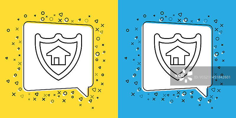 带盾牌的房屋图标线条设计（黄色背景）图片素材