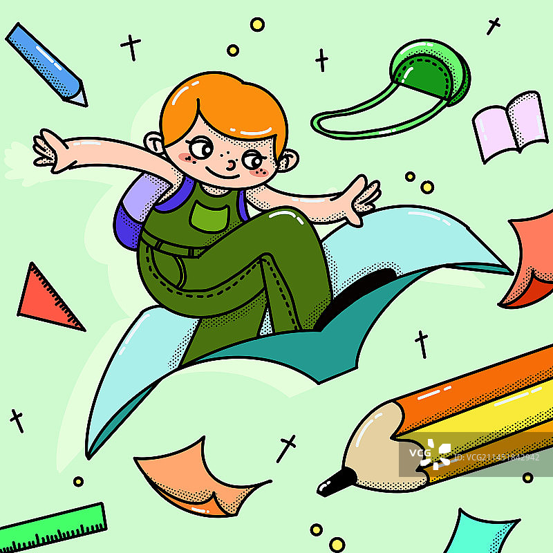 学生开学书本铅笔书包飞翔扁平复古图片素材