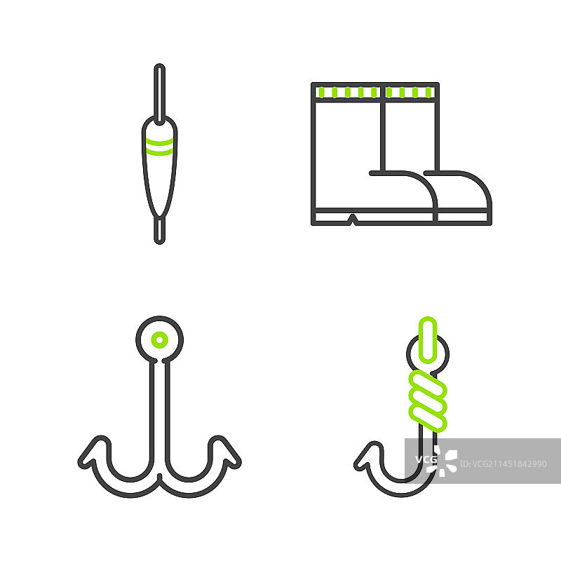 鱼钩、靴子和浮漂图标组合图片素材