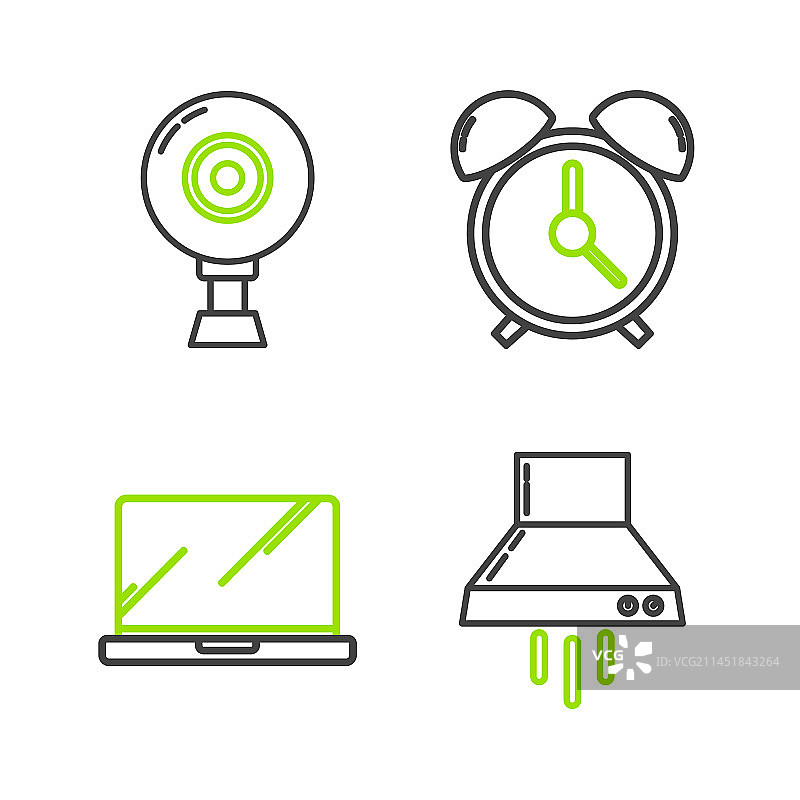 厨房抽油烟机、笔记本电脑和闹钟图片素材