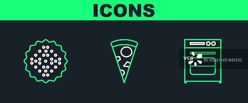 烤箱、饼干和披萨切片线条图标图片素材