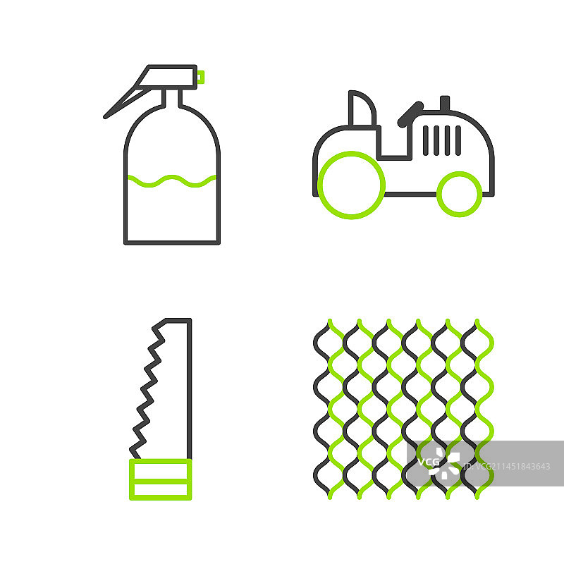花园篱笆、锯子与拖拉机线条组合图片素材