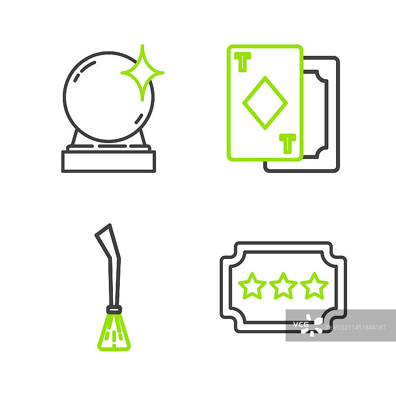 线条票务、女巫扫帚和纸牌图标图片素材