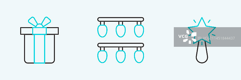 圣诞星星礼品盒和灯光图标套装图片素材