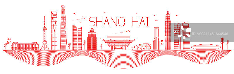 上海城市红色线性天际线剪影插画图片素材