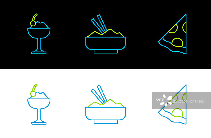 披萨片和碗中冰淇淋线条组合图片素材