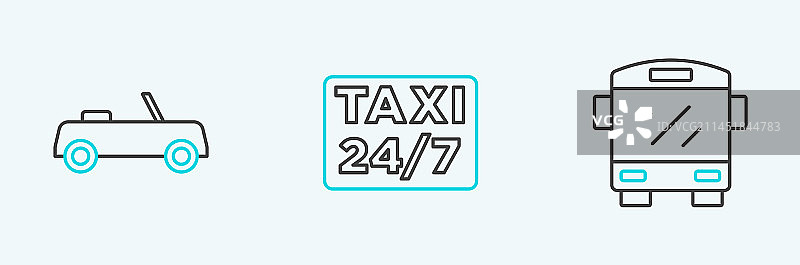 公交车、汽车、定位与出租车图标线条图片素材