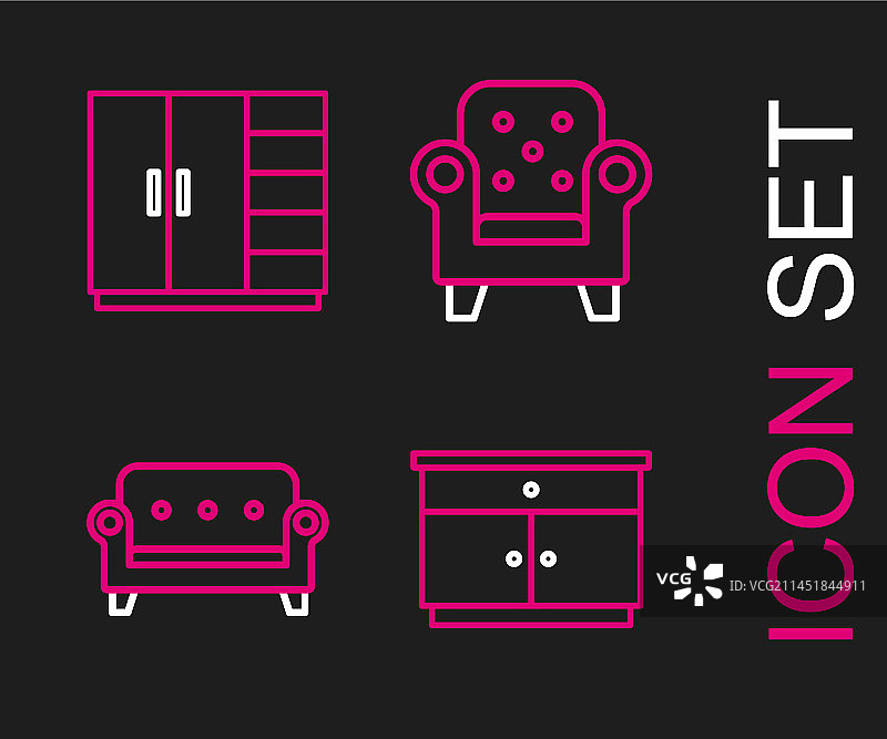 线条家具组合：床头柜、沙发和扶手椅图片素材