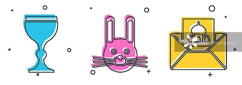 葡萄酒杯复活节兔子和贺卡套装图片素材