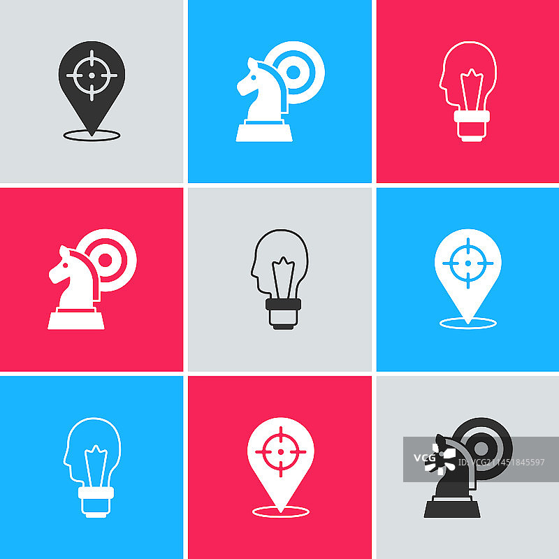目标、国际象棋和灯泡概念图片素材