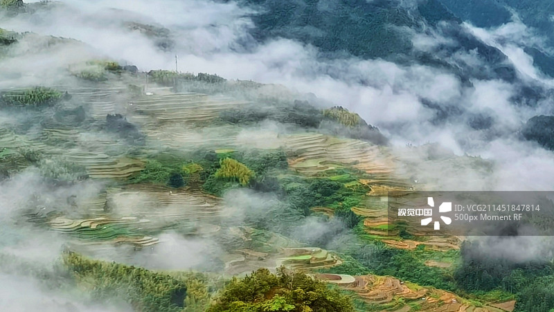 云雾中的南尖岩梯田图片素材