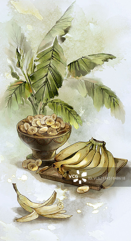 蕉叶与香蕉-国风水墨插画图片素材