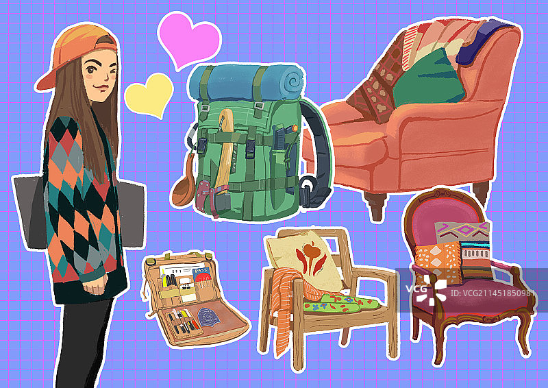 手绘插画家具物件和漂亮女孩图片素材
