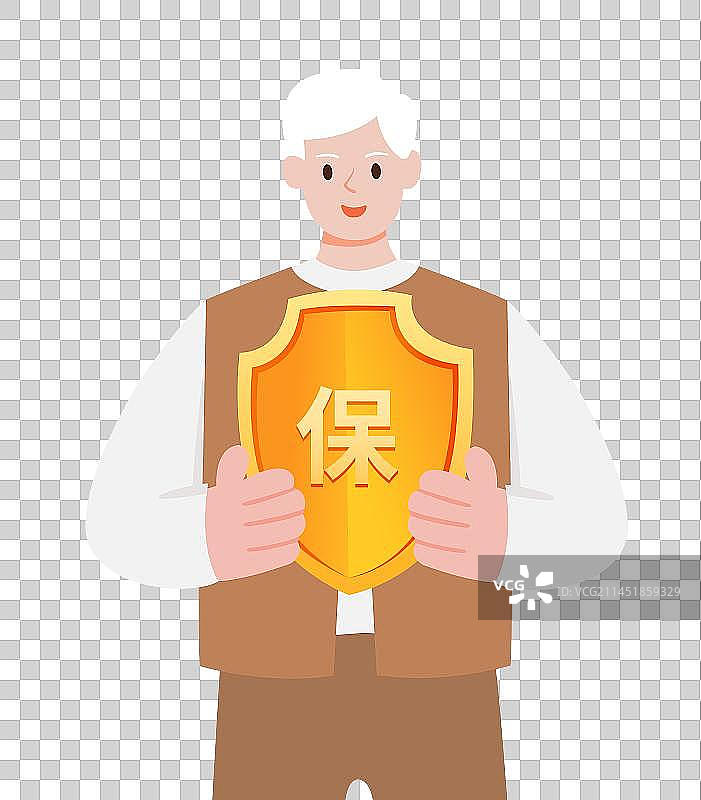 老爷爷拿着盾牌矢量插画，高端理财股市基金互联网金融证券活动，概念赚钱金币养老基金保险老年生活图片素材