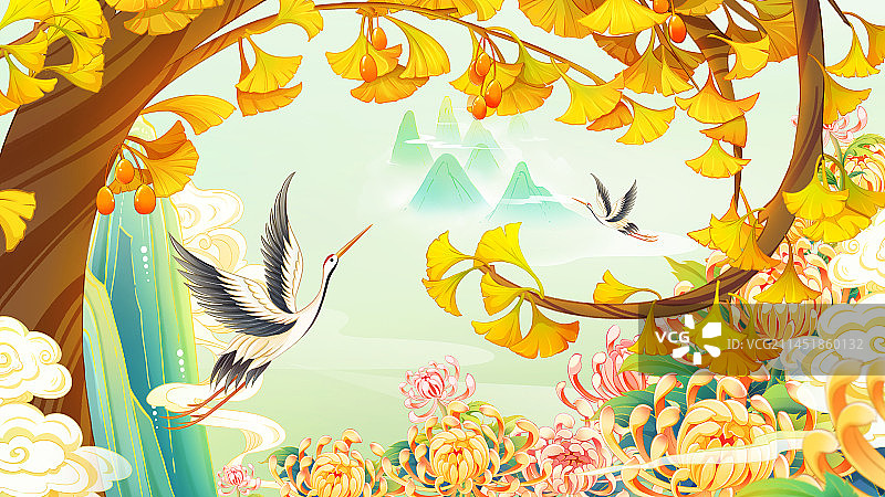唯美秋天银杏树白鹭山水插画图片素材