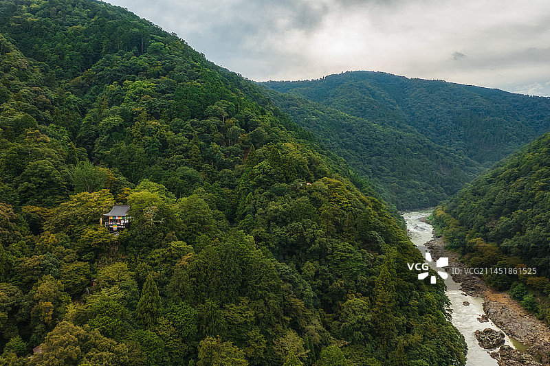 日本京都岚山（千光寺）与桂河（桂川）夏季航拍图片素材
