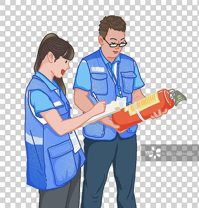 两个工作人员在检查灭火器图片素材
