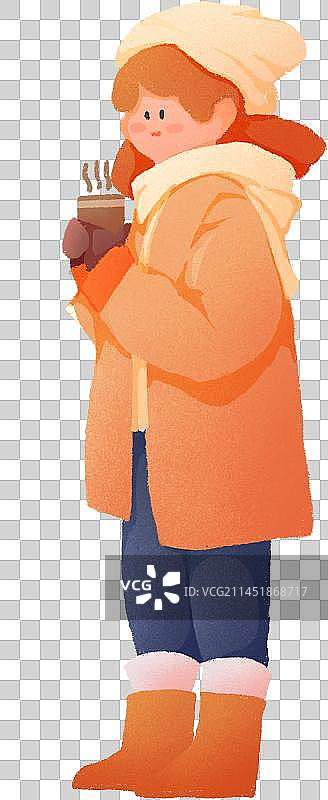 霜降女孩帽子咖啡扁平风肌理插画图片素材