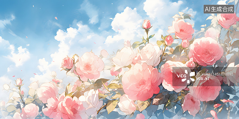 【AI数字艺术】蔷薇花玫瑰花花海蓝天广角清新场景插画图片素材
