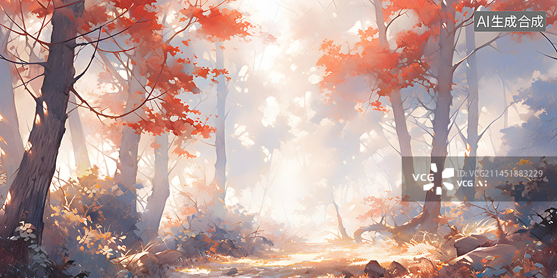 【AI数字艺术】秋天枫叶林森林阳光意境水彩场景插画图片素材