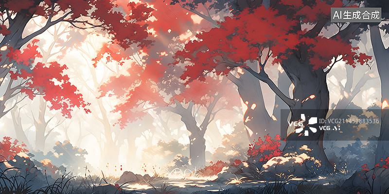 【AI数字艺术】秋天枫叶林森林阳光意境水彩场景插画图片素材