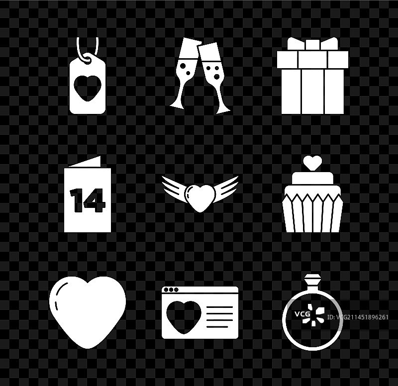 心形标签、香槟酒杯与礼品盒图片素材