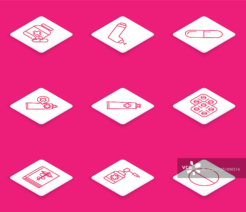 药瓶药丸和吸入器线条组合图片素材