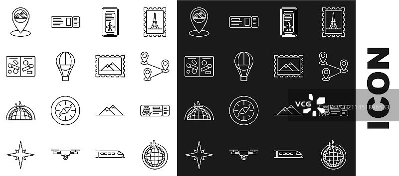 地球仪与飞行飞机路线位置图标集图片素材