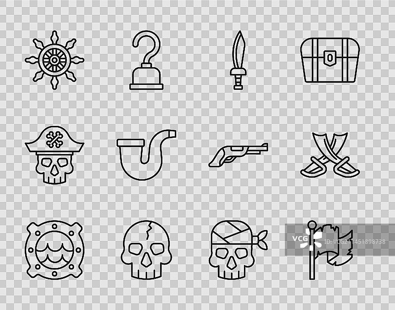 带有海景和海盗旗的线条船舷窗图片素材