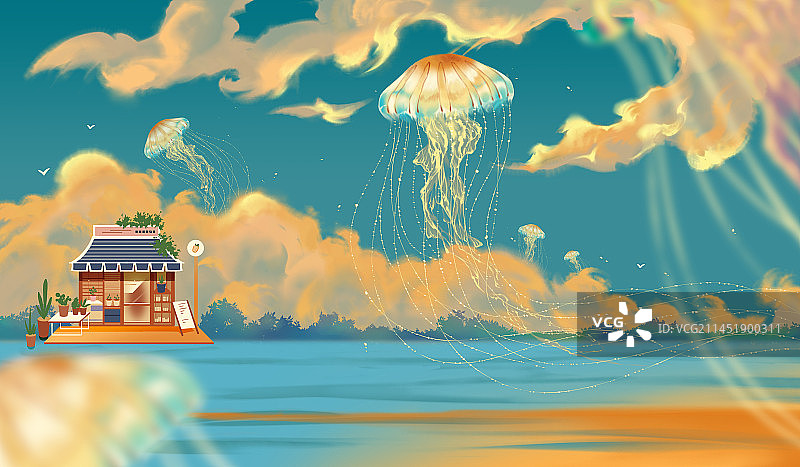 水母，海洋生物，唯美，梦幻，插画图片素材