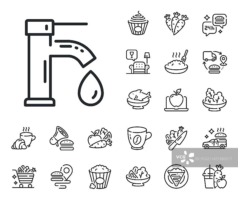 自来水线性图标：水龙头与水滴标志图片素材