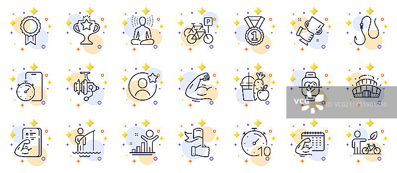 环保自行车、渔线轮和定时器简笔画图标集图片素材