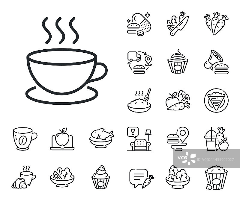咖啡饮品线性图标，热咖啡杯和可丽饼甜点图片素材