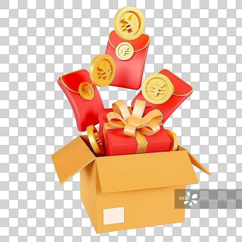 3D立体红包金币礼盒带回家元素图片素材
