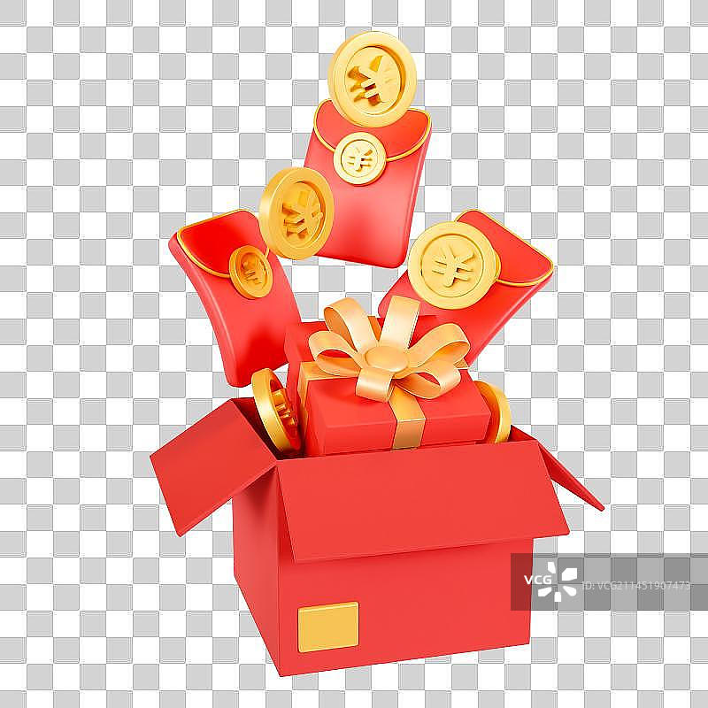 3D立体红包金币礼盒带回家元素图片素材