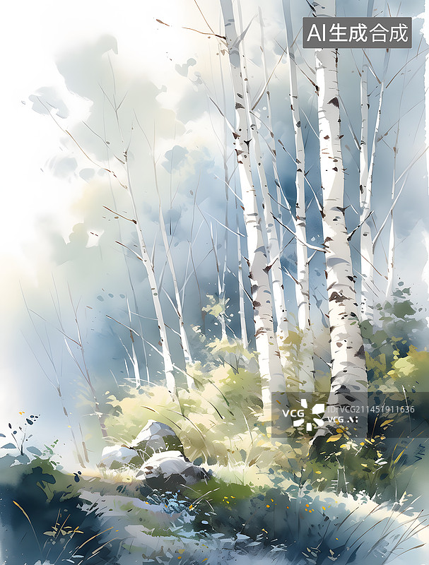 【AI数字艺术】唯美的白桦林森林小路水彩插画图片素材