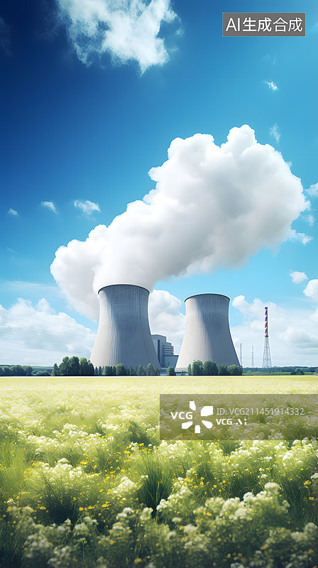 【AI数字艺术】晴天下的核电站图片素材