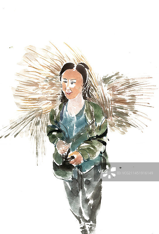 背秸秆的女子图片素材