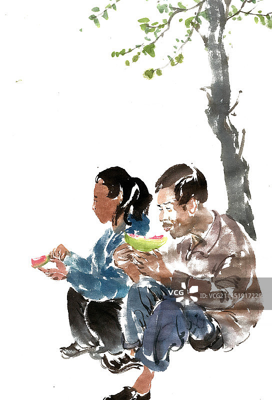 树下吃西瓜图片素材