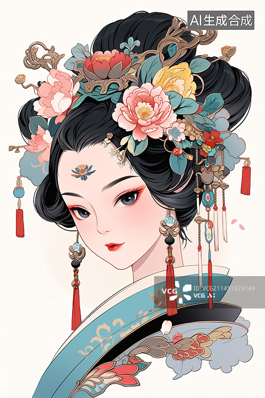 【AI数字艺术】穿戴精美头饰的古代中国风的汉服美女插画图片素材
